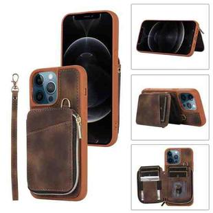 For iPhone 12 Pro Max Zipper Card Bag Back Cover Phone Case(Brown)