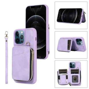 For iPhone 12 Pro Max Zipper Card Bag Back Cover Phone Case(Purple)