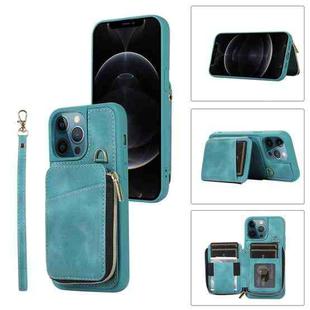 For iPhone 12 Pro Max Zipper Card Bag Back Cover Phone Case(Turquoise)