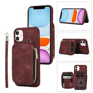 For iPhone 11 Zipper Card Bag Back Cover Phone Case(Wine Red)