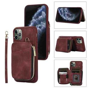 For iPhone 11 Pro Zipper Card Bag Back Cover Phone Case(Wine Red)