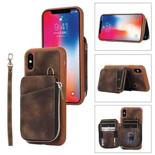 For iPhone X / XS Zipper Card Bag Back Cover Phone Case(Brown)