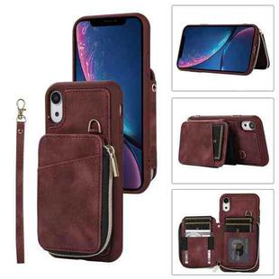 For iPhone XR Zipper Card Bag Back Cover Phone Case(Wine Red)