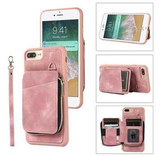 For iPhone 8 Plus / 7 Plus Zipper Card Bag Back Cover Phone Case(Pink)