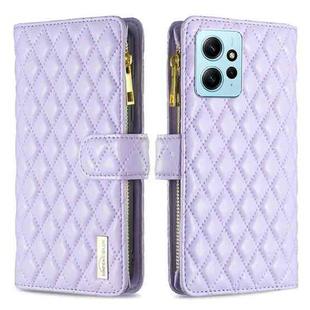 For Xiaomi Redmi Note 12 4G Global Diamond Lattice Zipper Wallet Leather Flip Phone Case(Purple)