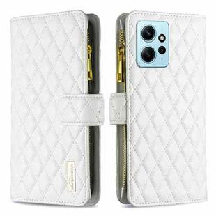 For Xiaomi Redmi Note 12 4G Global Diamond Lattice Zipper Wallet Leather Flip Phone Case(White)