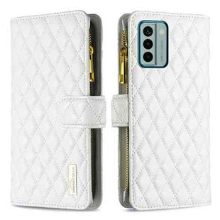 For Nokia G22 Diamond Lattice Zipper Wallet Leather Flip Phone Case(White)