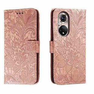 For Honor 50 Pro Lace Flower Embossing Flip Leather Phone Case(Rose Gold)