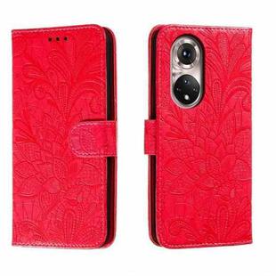 For Honor 50 Pro Lace Flower Embossing Flip Leather Phone Case(Red)