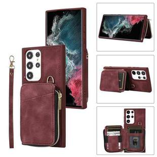For Samsung Galaxy S22 Ultra 5G Zipper Card Bag Back Cover Phone Case(Wine Red)