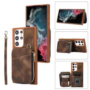 For Samsung Galaxy S22 Ultra 5G Zipper Card Bag Back Cover Phone Case(Brown)