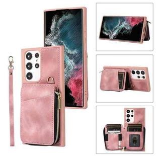 For Samsung Galaxy S22 Ultra 5G Zipper Card Bag Back Cover Phone Case(Pink)