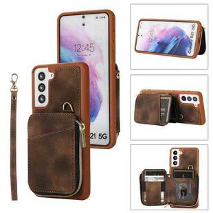 For Samsung Galaxy S21 5G Zipper Card Bag Back Cover Phone Case(Brown)
