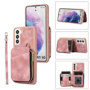 For Samsung Galaxy S21 5G Zipper Card Bag Back Cover Phone Case(Pink)