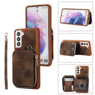 For Samsung Galaxy S21+ 5G Zipper Card Bag Back Cover Phone Case(Brown)