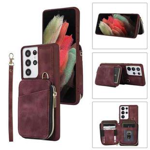 For Samsung Galaxy S21 Ultra 5G Zipper Card Bag Back Cover Phone Case(Wine Red)