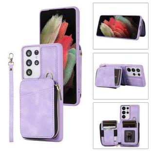 For Samsung Galaxy S21 Ultra 5G Zipper Card Bag Back Cover Phone Case(Purple)