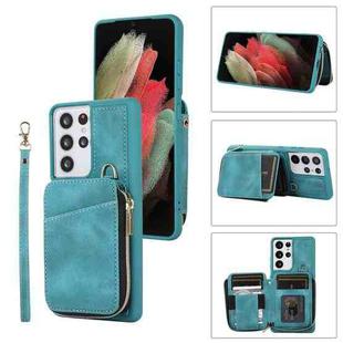 For Samsung Galaxy S21 Ultra 5G Zipper Card Bag Back Cover Phone Case(Turquoise)