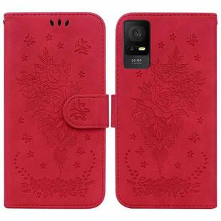 For TCL 408 Butterfly Rose Embossed Leather Phone Case(Red)