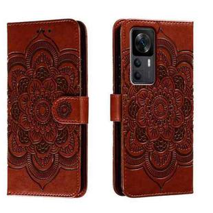For Xiaomi Redmi K50 Ultra Sun Mandala Embossing Pattern Phone Leather Case(Brown)