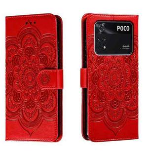 For Xiaomi Poco M4 Pro Sun Mandala Embossing Pattern Phone Leather Case(Red)