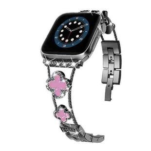 Four-leaf Clover Diamond Watch Band For Apple Watch Ultra 49mm&Watch Ultra 2 49mm / Series 9&8&7 45mm / SE 3&SE 2&6&SE&5&4 44mm / 3&2&1 42mm(Black Pink Shell)