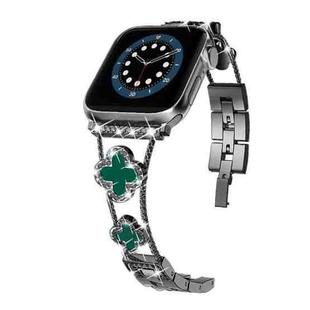 Four-leaf Clover Diamond Watch Band For Apple Watch Ultra 49mm&Watch Ultra 2 49mm / Series 9&8&7 45mm / SE 3&SE 2&6&SE&5&4 44mm / 3&2&1 42mm(Black Green Shell)