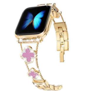 Four-leaf Clover Diamond Watch Band For Apple Watch Ultra 49mm&Watch Ultra 2 49mm / Series 9&8&7 45mm / SE 3&SE 2&6&SE&5&4 44mm / 3&2&1 42mm(Gold Pink Shell)