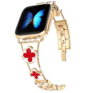 Four-leaf Clover Diamond Watch Band For Apple Watch Ultra 49mm&Watch Ultra 2 49mm / Series 9&8&7 45mm / SE 3&SE 2&6&SE&5&4 44mm / 3&2&1 42mm(Gold Red Shell)