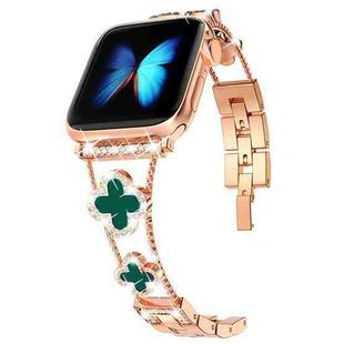 Four-leaf Clover Diamond Watch Band For Apple Watch Ultra 49mm&Watch Ultra 2 49mm / Series 9&8&7 45mm / SE 3&SE 2&6&SE&5&4 44mm / 3&2&1 42mm(Rose Gold Green Shell)
