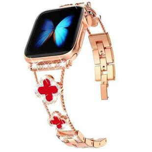 Four-leaf Clover Diamond Watch Band For Apple Watch Ultra 49mm&Watch Ultra 2 49mm / Series 9&8&7 45mm / SE 3&SE 2&6&SE&5&4 44mm / 3&2&1 42mm(Rose Gold Red Shell)