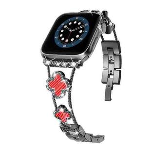 Four-leaf Clover Diamond Watch Band For Apple Watch Series 8&7 41mm / SE 2&6&SE&5&4 40mm / 3&2&1 38mm(Black Red Shell)