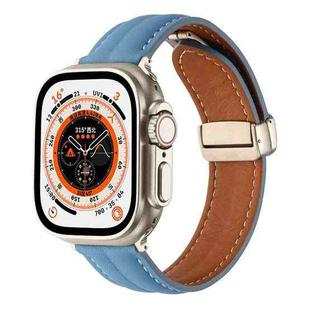 Folding Buckle Grooved Genuine Leather Watch Band For Apple Watch Ultra 49mm / Series 8&7 45mm / SE 2&6&SE&5&4 44mm / 3&2&1 42mm(Blue)