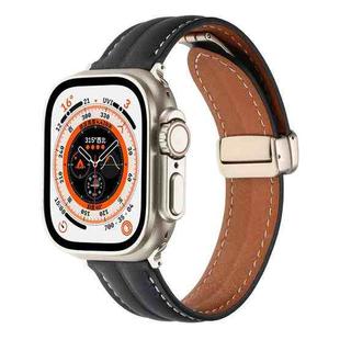 Folding Buckle Grooved Genuine Leather Watch Band For Apple Watch Ultra 49mm / Series 8&7 45mm / SE 2&6&SE&5&4 44mm / 3&2&1 42mm(Black)