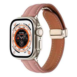 Folding Buckle Grooved Genuine Leather Watch Band For Apple Watch Ultra 49mm / Series 8&7 45mm / SE 2&6&SE&5&4 44mm / 3&2&1 42mm(Dark Pink)