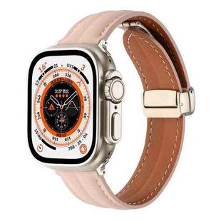 Folding Buckle Grooved Genuine Leather Watch Band For Apple Watch Ultra 49mm / Series 8&7 45mm / SE 2&6&SE&5&4 44mm / 3&2&1 42mm(Light Pink)