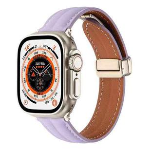 Folding Buckle Grooved Genuine Leather Watch Band For Apple Watch Ultra 49mm / Series 8&7 45mm / SE 2&6&SE&5&4 44mm / 3&2&1 42mm(Purple)