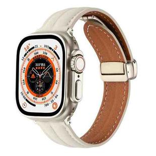Folding Buckle Grooved Genuine Leather Watch Band For Apple Watch Ultra 49mm / Series 8&7 45mm / SE 2&6&SE&5&4 44mm / 3&2&1 42mm(Beige)