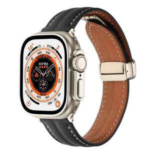 Folding Buckle Grooved Genuine Leather Watch Band For Apple Watch Series 8&7 41mm / SE 2&6&SE&5&4 40mm / 3&2&1 38mm(Black)