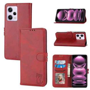 For Xiaomi Redmi Note 12 5G Global Embossed Happy Cat Pattern Flip Leather Phone Case(Red)