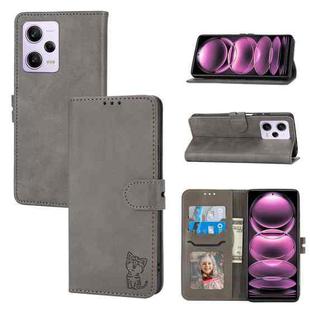 For Xiaomi Redmi Note 12 5G Global Embossed Happy Cat Pattern Flip Leather Phone Case(Grey)