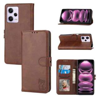 For Xiaomi Redmi Note 12 Pro+ 5G Global Embossed Happy Cat Pattern Flip Leather Phone Case(Brown)