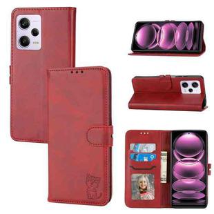For Xiaomi Redmi Note 12 4G Global Embossed Happy Cat Pattern Flip Leather Phone Case(Red)
