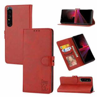 For Sony Xperia 1 V Embossed Happy Cat Pattern Flip Leather Phone Case(Red)