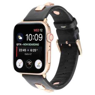 Single Row Riveted Genuine Leather Watch Band For Apple Watch Ultra 49mm / Series 8&7 45mm / SE 2&6&SE&5&4 44mm / 3&2&1 42mm(Black Rose Gold)