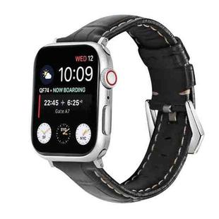 For Apple Watch Ultra 49mm / Series 8&7 45mm / SE 2&6&SE&5&4 44mm / 3&2&1 42mm Silver Buckle Genuine Leather Watch Band(Crocodile Black)