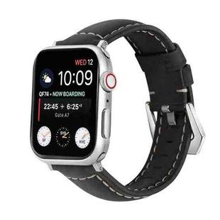 For Apple Watch Ultra 49mm / Series 8&7 45mm / SE 2&6&SE&5&4 44mm / 3&2&1 42mm Silver Buckle Genuine Leather Watch Band(Frosted Black)