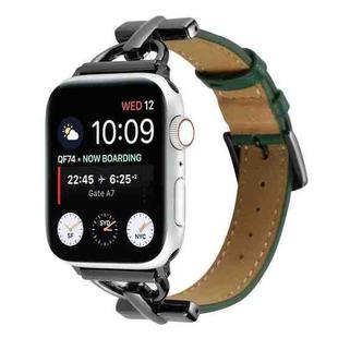 For Apple Watch Series 8&7 41mm / SE 2&6&SE&5&4 40mm / 3&2&1 38mm D-Buckle Plain Genuine Leather Watch Band(Dark Green)