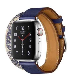 For Apple Watch Series 7 41mm / 6 & SE & 5 & 4 40mm / 3 & 2 & 1 38mm Silk Screen Pattern Leather Watch Band(Blue)