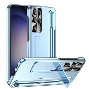 For Samsung Galaxy S23 Ultra 5G Electroplating Pen Slot Phone Case with Holder(Blue)